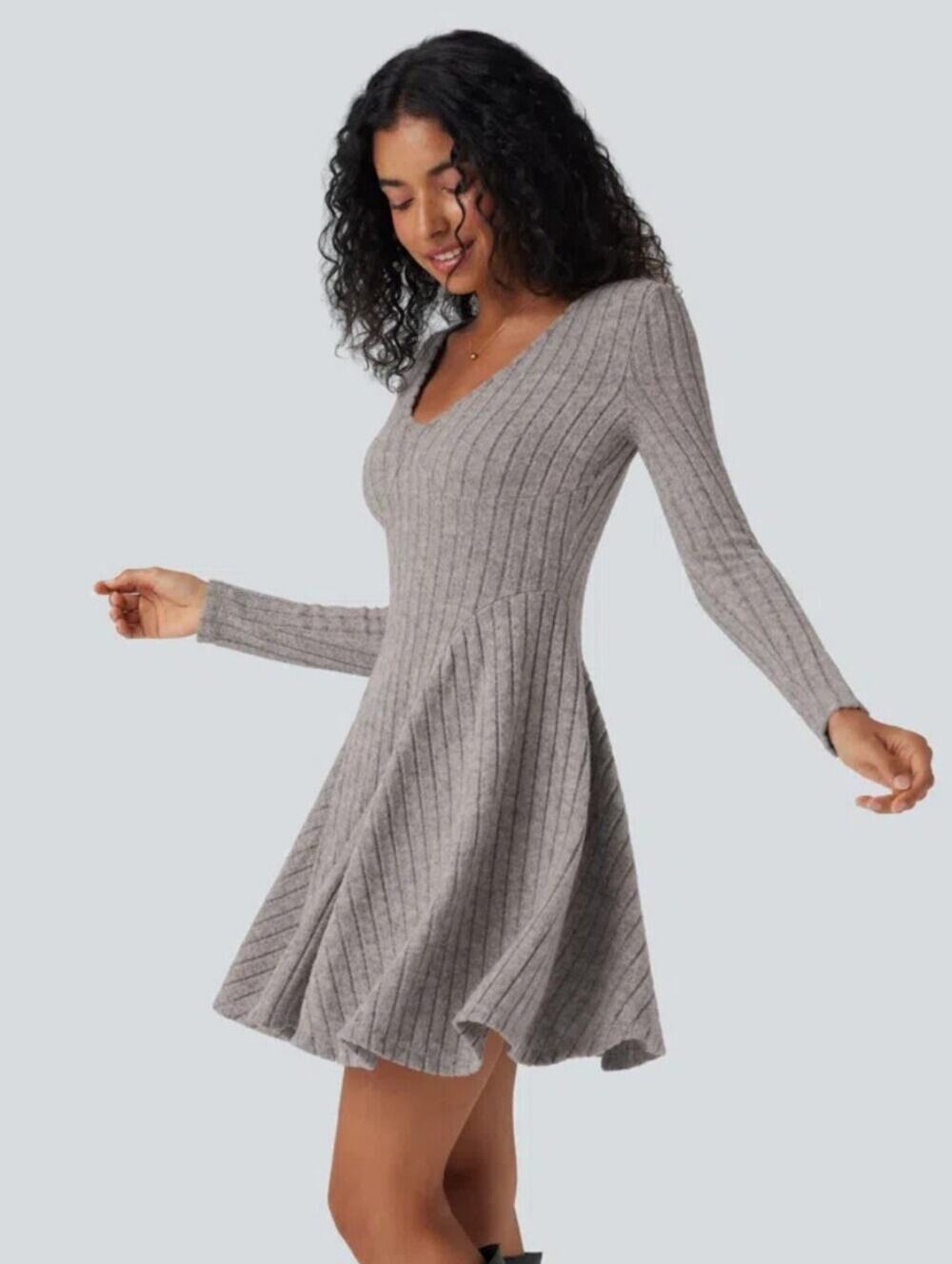 Halara Ribbed Knit V-Neck Long Sleeve Flare Mini Casual Dress